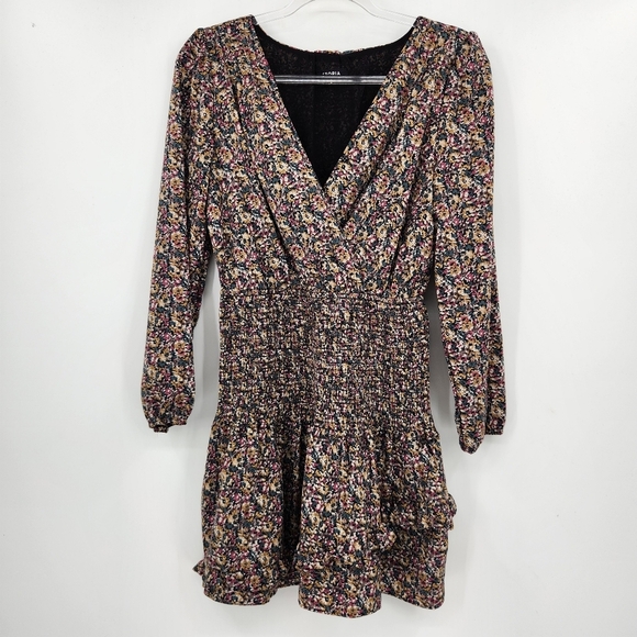 Storia Ditzy Floral Long Sleeve Mini Dress Womens Size Small V Neck Smocked - Picture 1 of 10